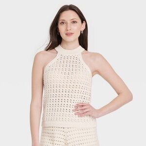 Cream Knit Halter Crewneck Sweater Tank